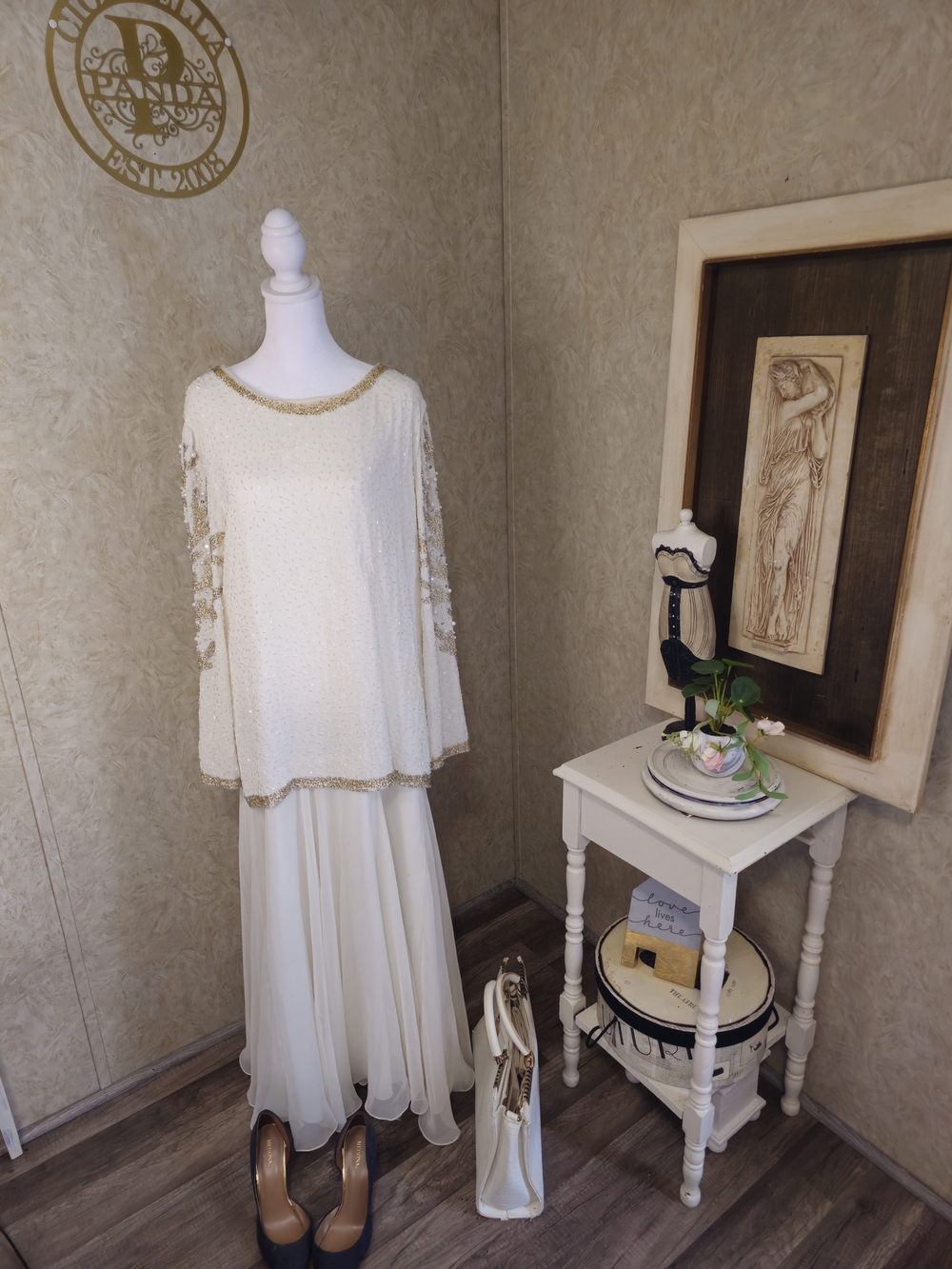 Elegant Cream Beaded Looks Like A Two-Piece Wedding Dress with Gold Trim